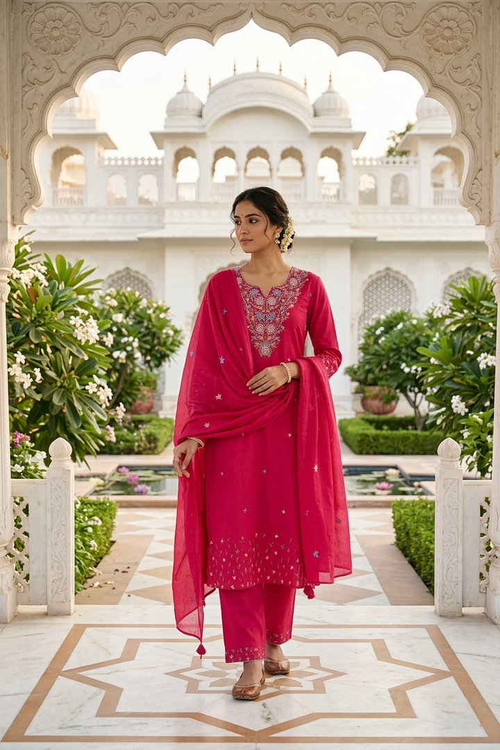 Rani Pink Cotton Floral Thread Embroidery Three Piece Set