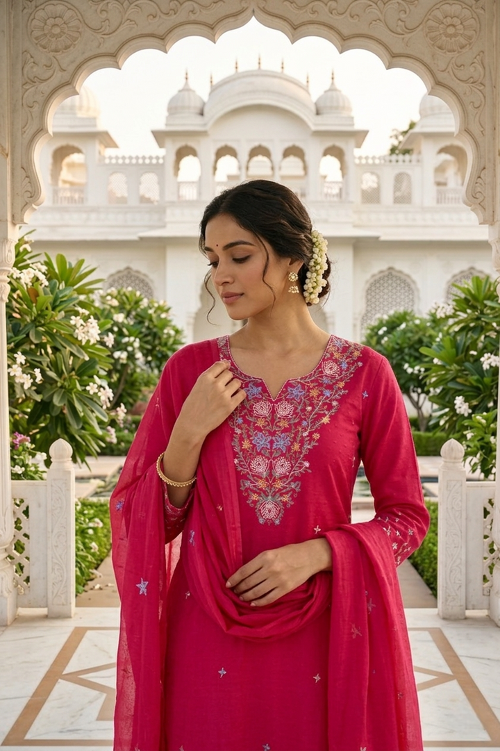 Rani Pink Cotton Floral Thread Embroidery Three Piece Set