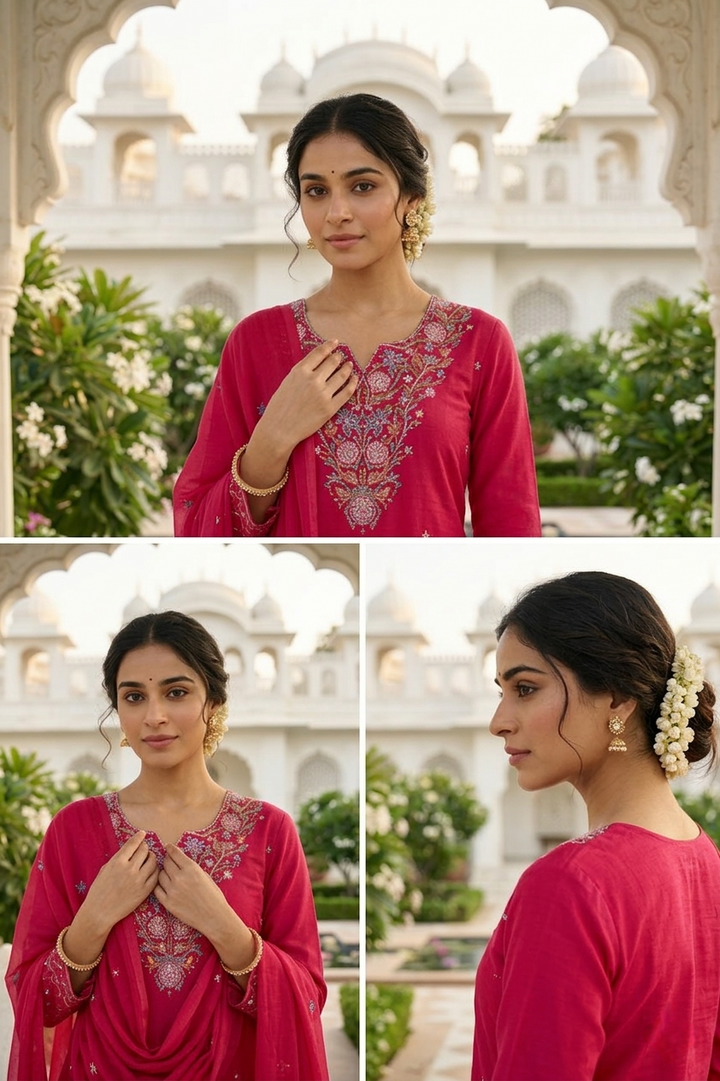 Rani Pink Cotton Floral Thread Embroidery Three Piece Set