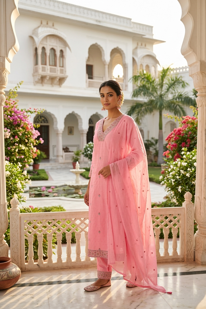 Rose Pink Cotton Thread Embroidery Three Piece Set