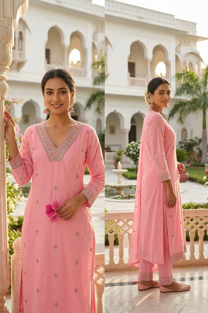 Rose Pink Cotton Thread Embroidery Three Piece Set