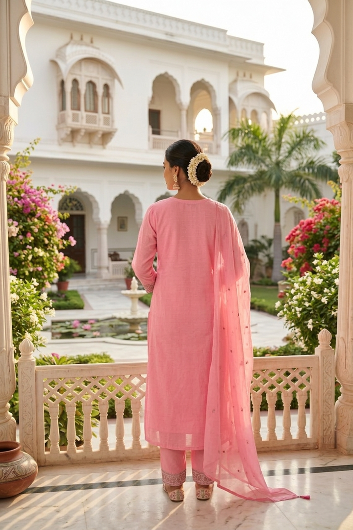 Rose Pink Cotton Thread Embroidery Three Piece Set