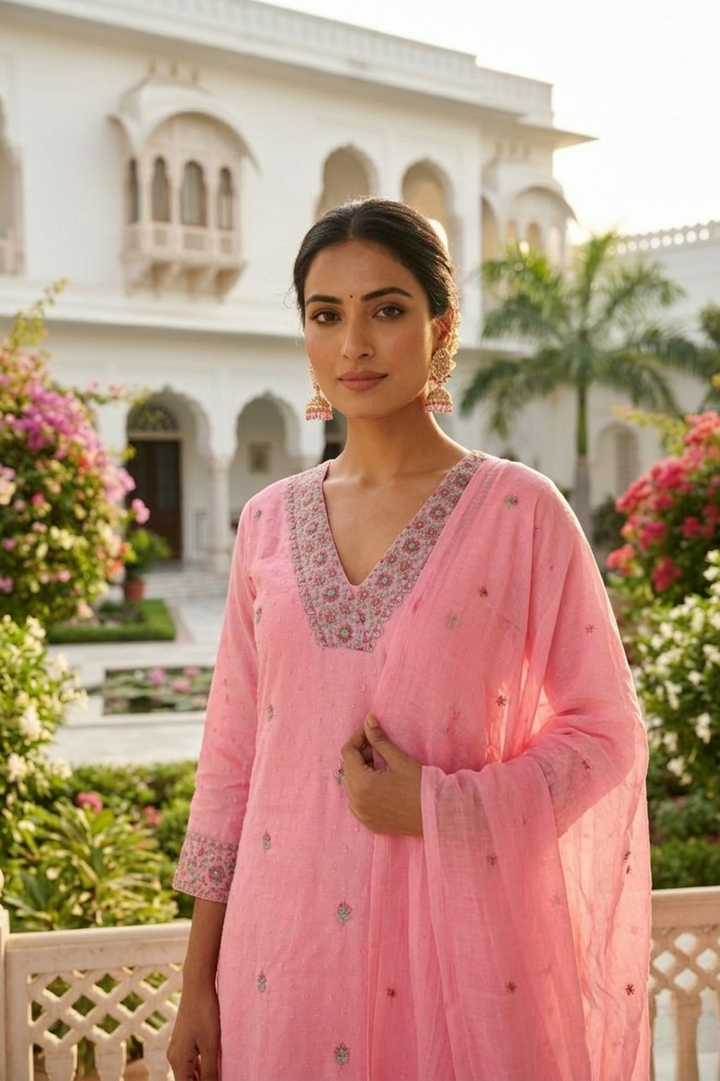 Rose Pink Cotton Thread Embroidery Three Piece Set