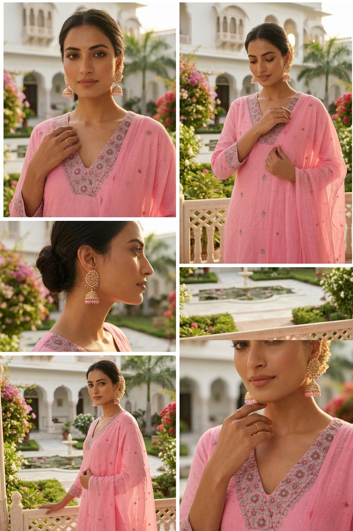 Rose Pink Cotton Thread Embroidery Three Piece Set