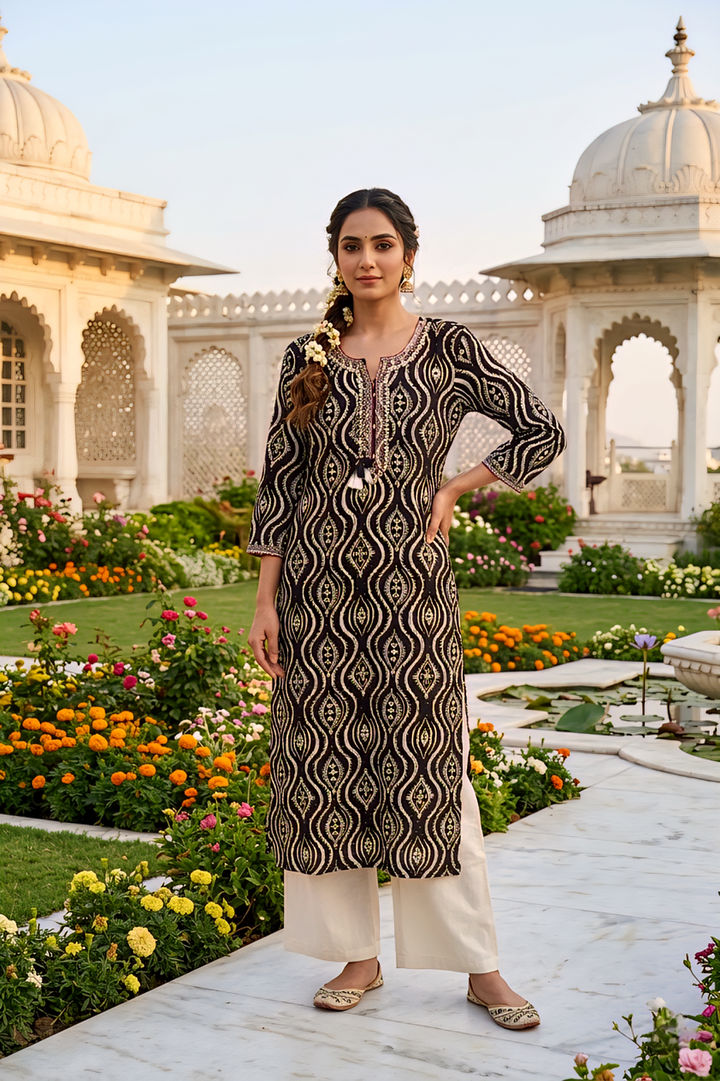 Black Rayon Printed And Thread Embroidered Kurta