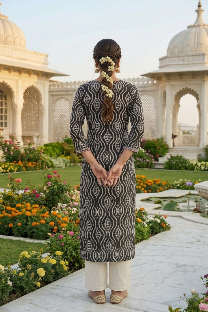 Black Rayon Printed And Thread Embroidered Kurta