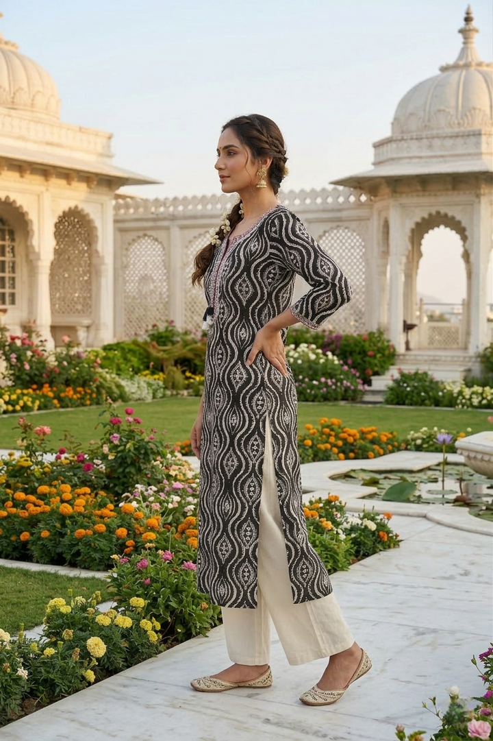 Black Rayon Printed And Thread Embroidered Kurta