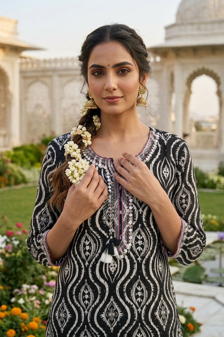 Black Rayon Printed And Thread Embroidered Kurta