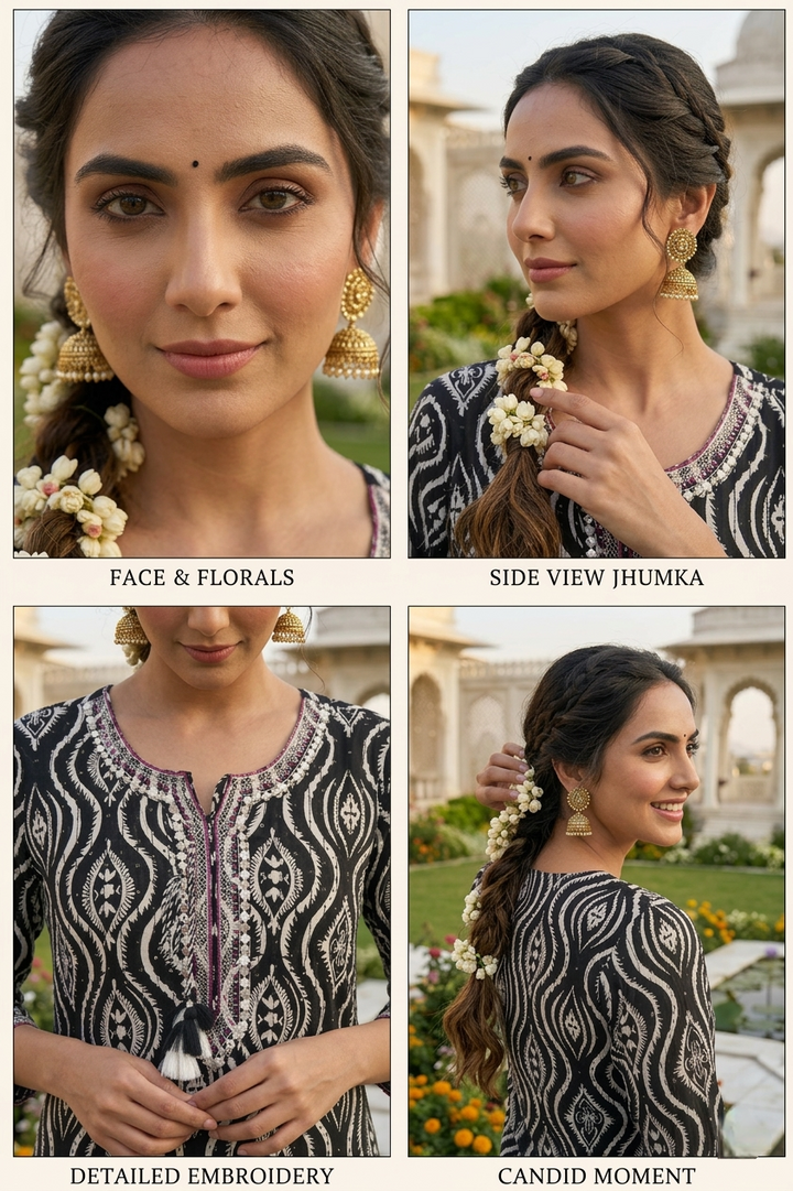 Black Rayon Printed And Thread Embroidered Kurta