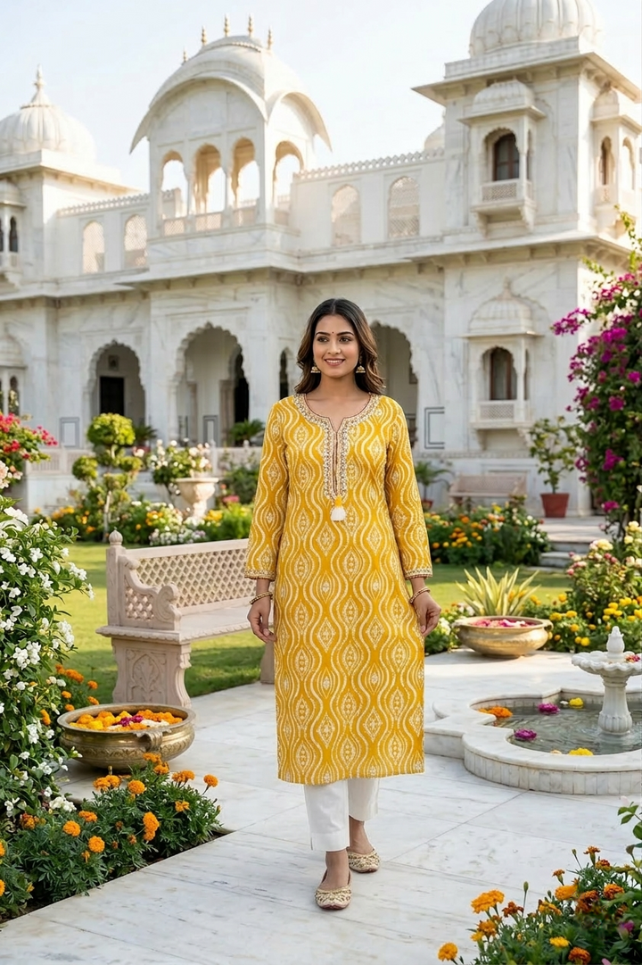 Yellow Rayon Printed And Thread Embroidered Kurta