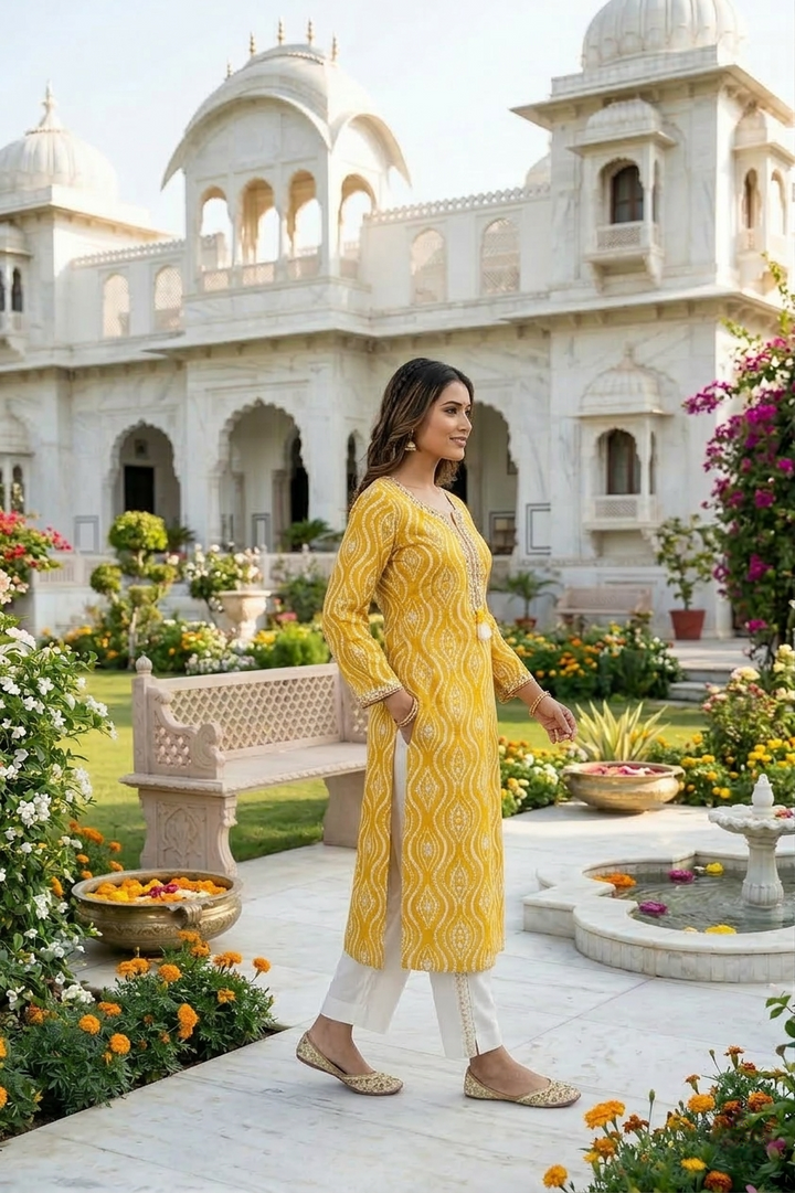 Yellow Rayon Printed And Thread Embroidered Kurta