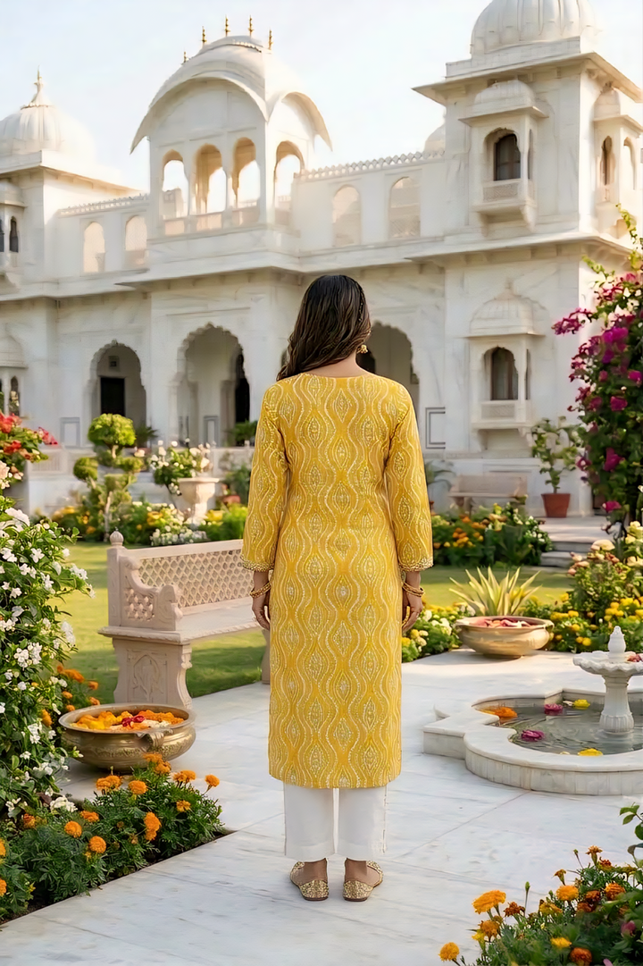 Yellow Rayon Printed And Thread Embroidered Kurta