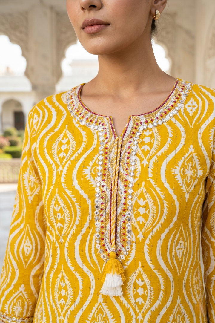 Yellow Rayon Printed And Thread Embroidered Kurta