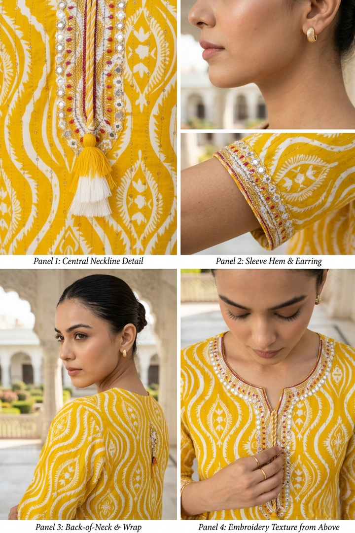 Yellow Rayon Printed And Thread Embroidered Kurta