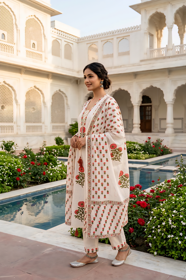 Off White Cotton Floral Digital Printed Three Piece Set