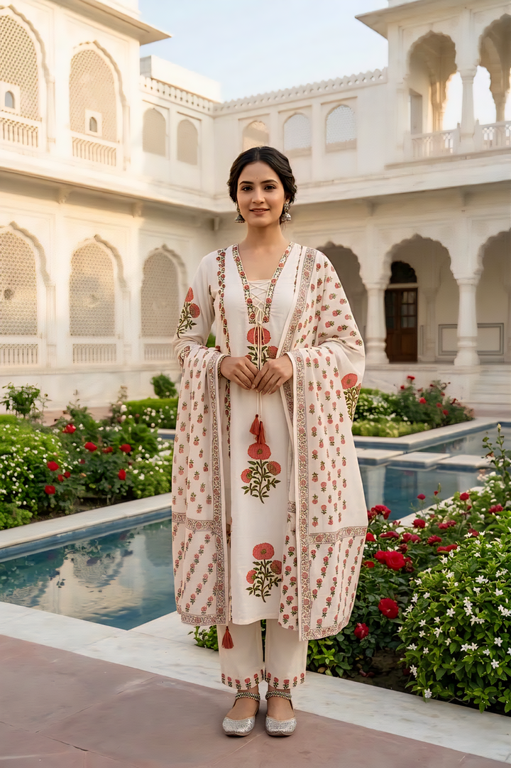 Off White Cotton Floral Digital Printed Three Piece Set