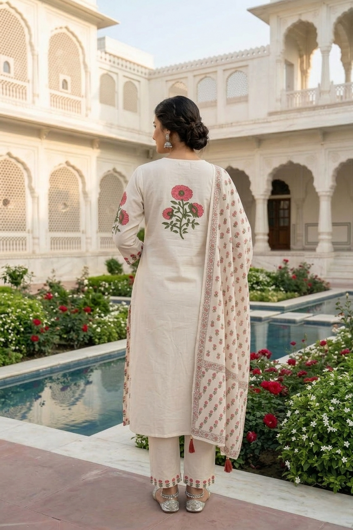 Off White Cotton Floral Digital Printed Three Piece Set