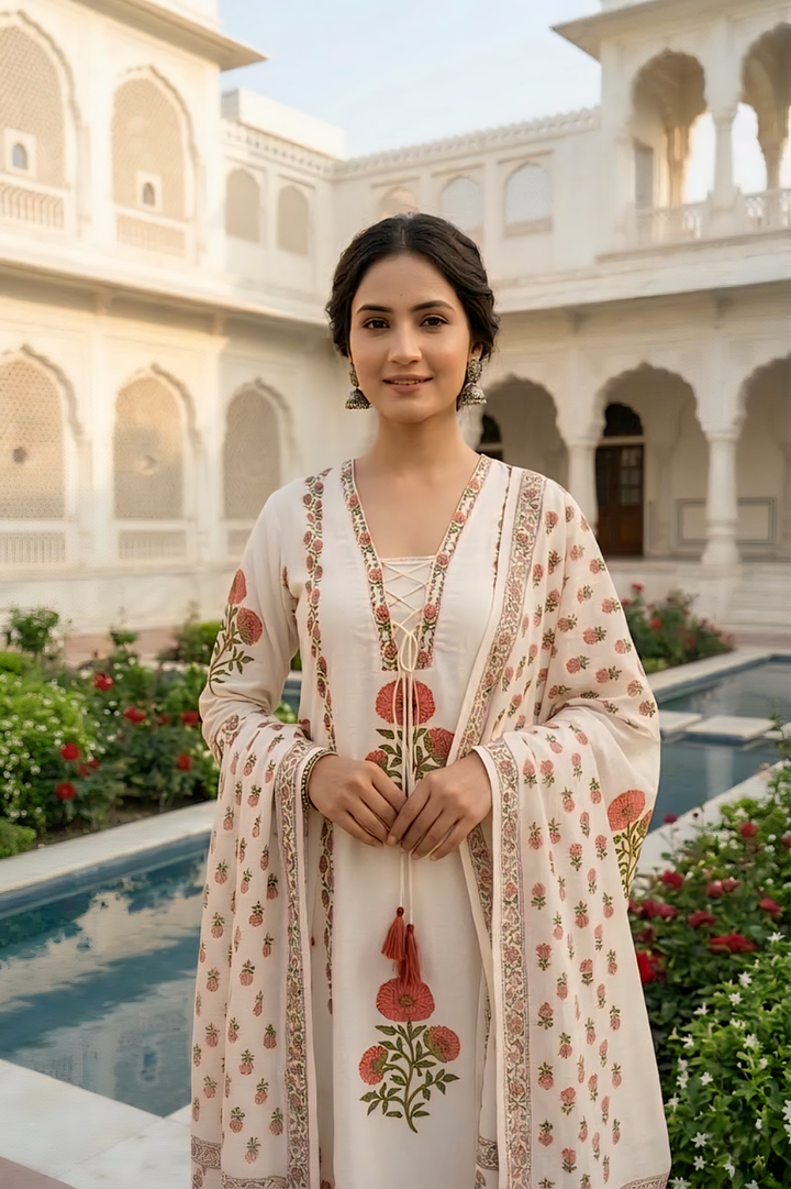 Off White Cotton Floral Digital Printed Three Piece Set