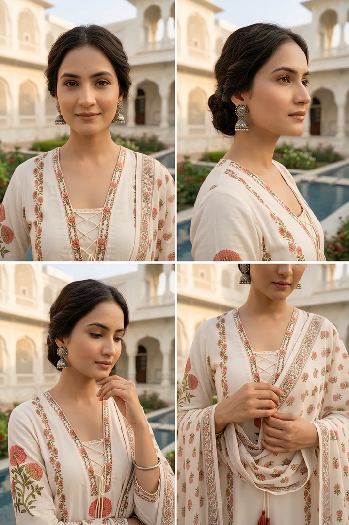 Off White Cotton Floral Digital Printed Three Piece Set