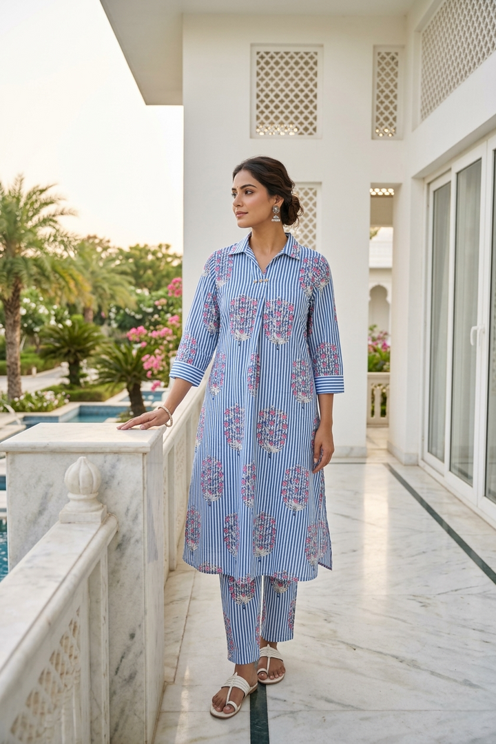 Blue Cotton Floral Digital Printed Two Piece Set