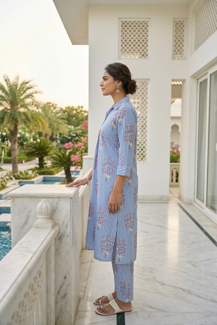 Blue Cotton Floral Digital Printed Two Piece Set