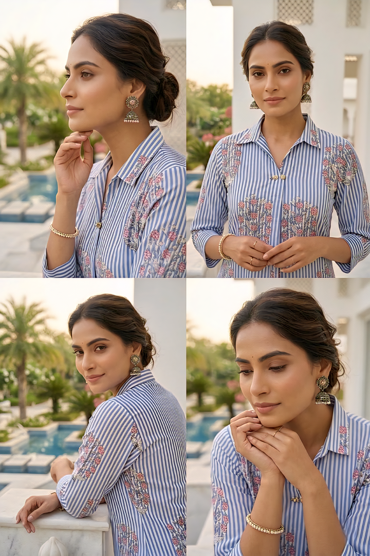 Blue Cotton Floral Digital Printed Two Piece Set