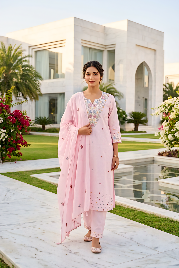 Baby Pink Cotton Floral Thread Embroidery Three Piece Set