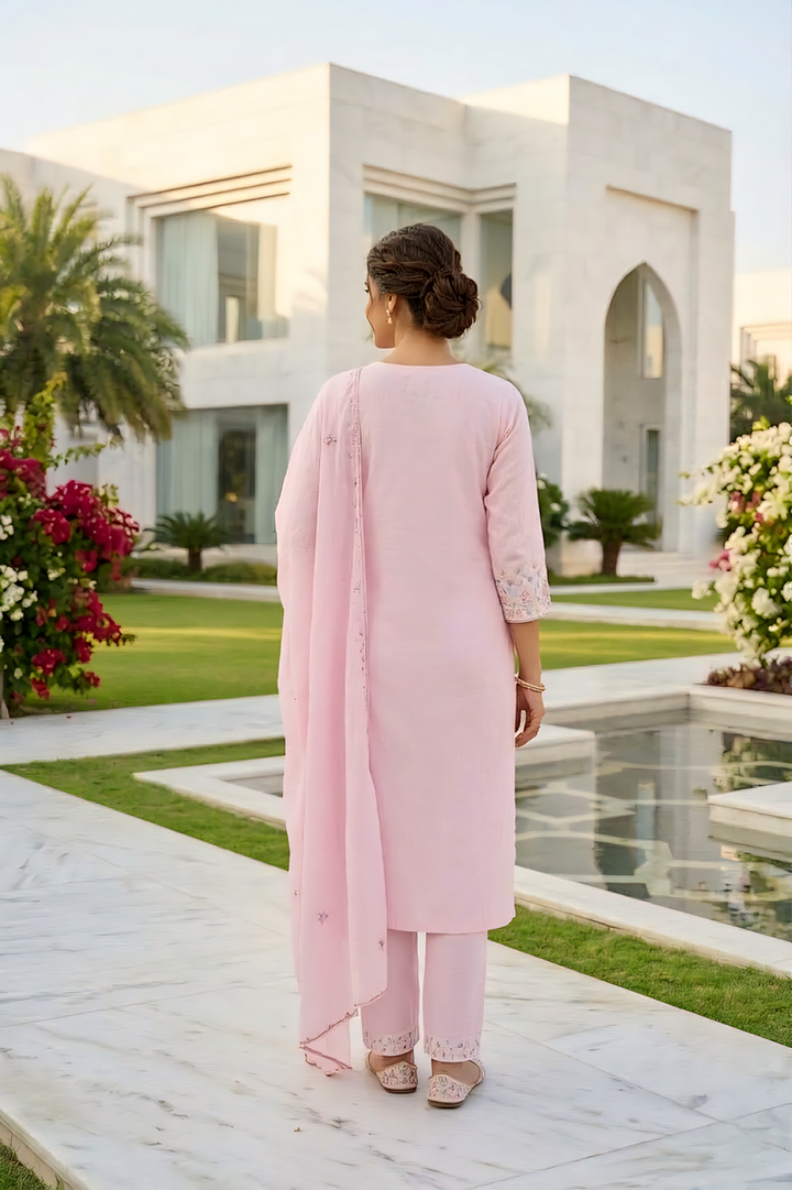 Baby Pink Cotton Floral Thread Embroidery Three Piece Set