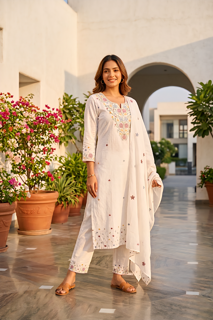 White Cotton Floral Thread Embroidery Three Piece Set