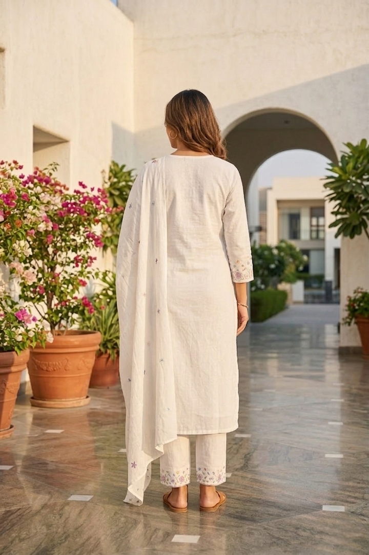 White Cotton Floral Thread Embroidery Three Piece Set