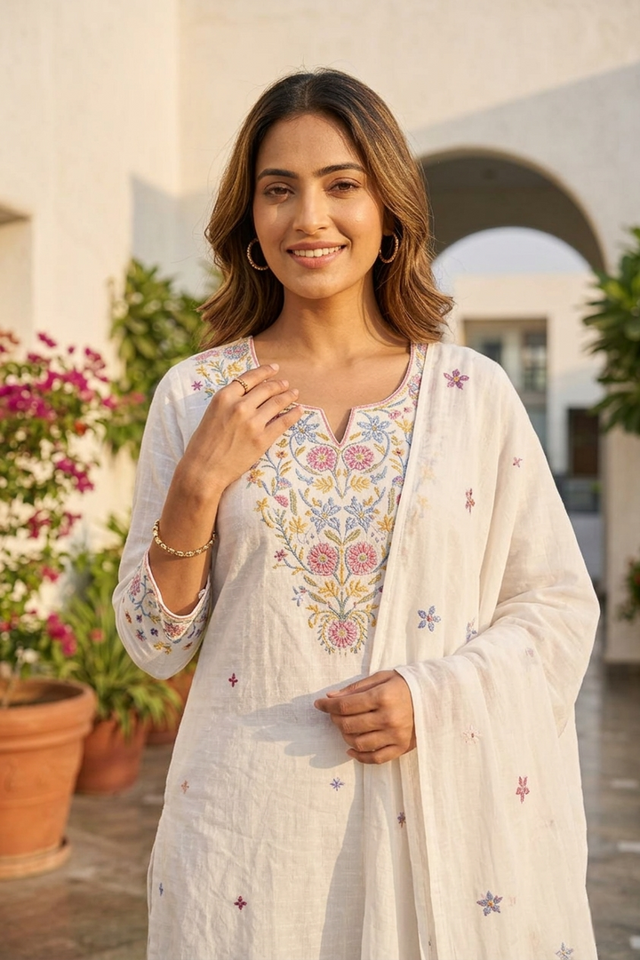 White Cotton Floral Thread Embroidery Three Piece Set