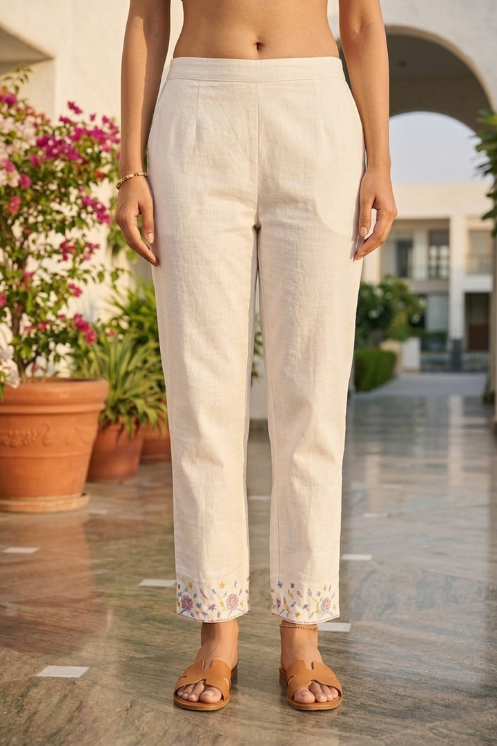 White Cotton Floral Thread Embroidery Three Piece Set