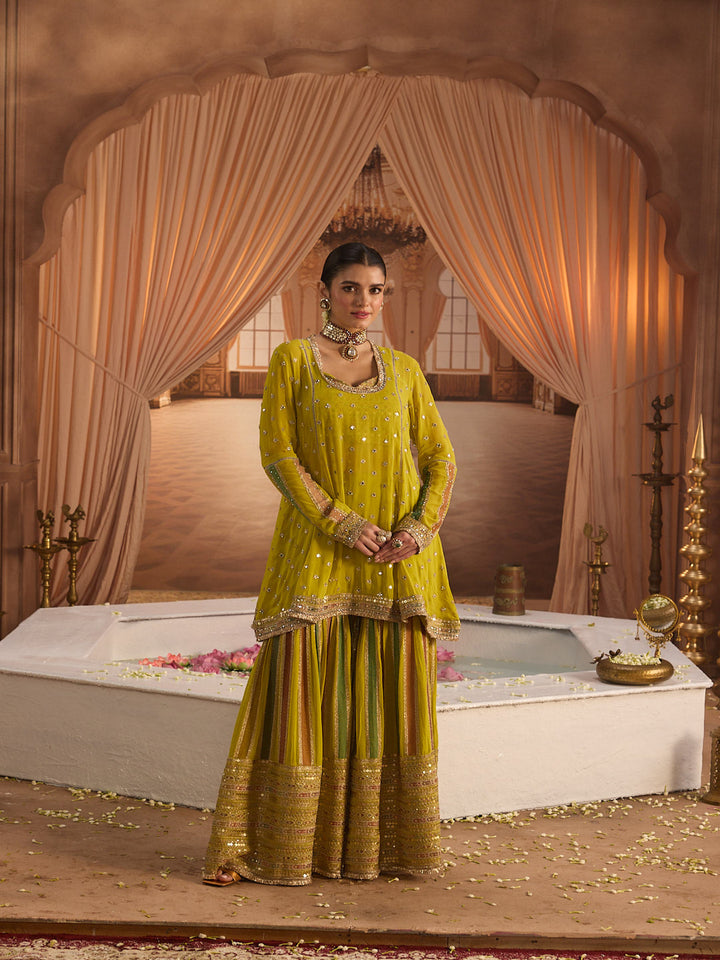 Neerus Variyali Green Embroidery Work Georgette Fabric Kurti and Gharara With Dupatta