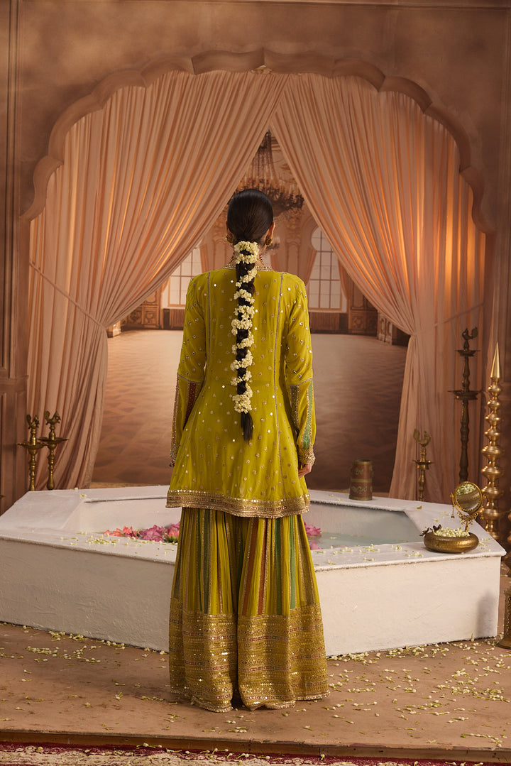 Neerus Variyali Green Embroidery Work Georgette Fabric Kurti and Gharara With Dupatta