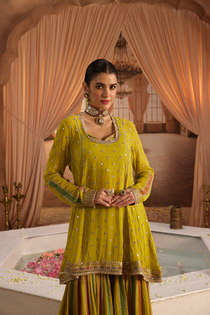 Neerus Variyali Green Embroidery Work Georgette Fabric Kurti and Gharara With Dupatta