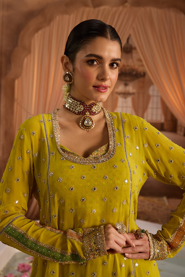 Neerus Variyali Green Embroidery Work Georgette Fabric Kurti and Gharara With Dupatta