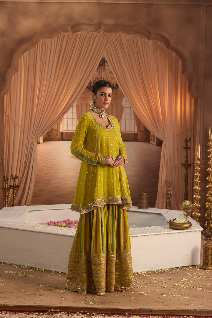 Neerus Variyali Green Embroidery Work Georgette Fabric Kurti and Gharara With Dupatta