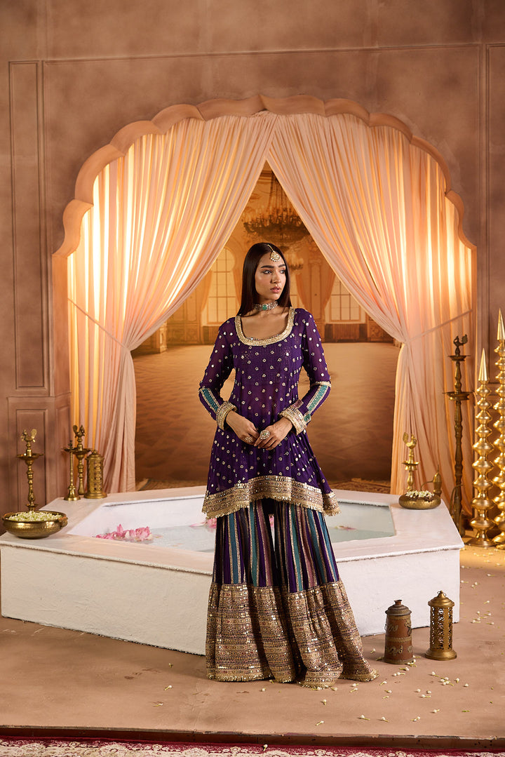 Neerus Purple Embroidery Work Georgette Fabric Kurti and Gharara With Dupatta