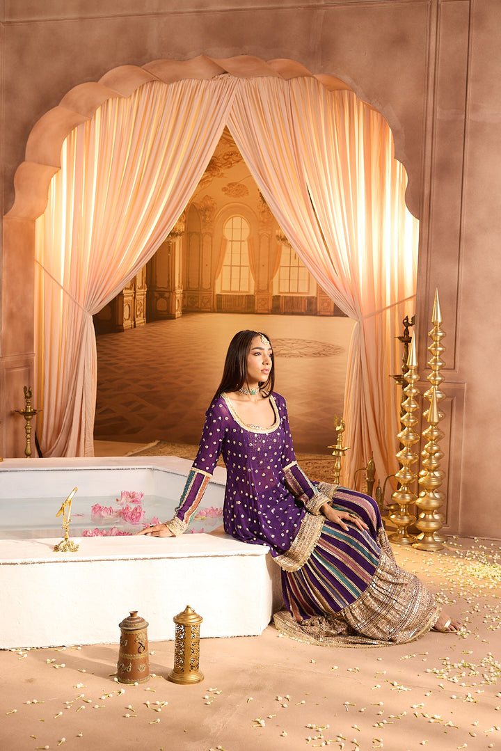 Neerus Purple Embroidery Work Georgette Fabric Kurti and Gharara With Dupatta