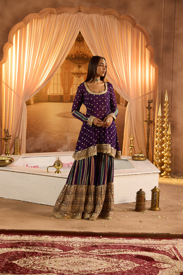 Neerus Purple Embroidery Work Georgette Fabric Kurti and Gharara With Dupatta