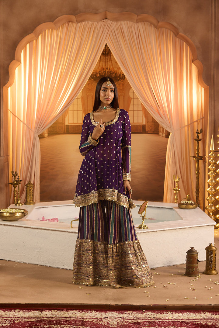 Neerus Purple Embroidery Work Georgette Fabric Kurti and Gharara With Dupatta
