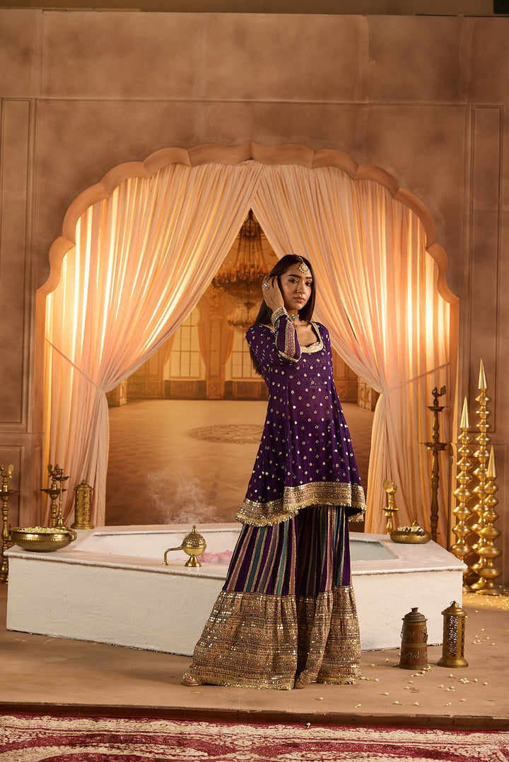 Neerus Purple Embroidery Work Georgette Fabric Kurti and Gharara With Dupatta