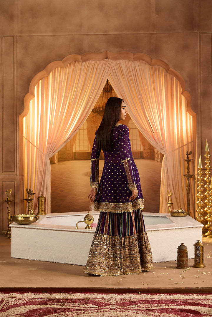 Neerus Purple Embroidery Work Georgette Fabric Kurti and Gharara With Dupatta