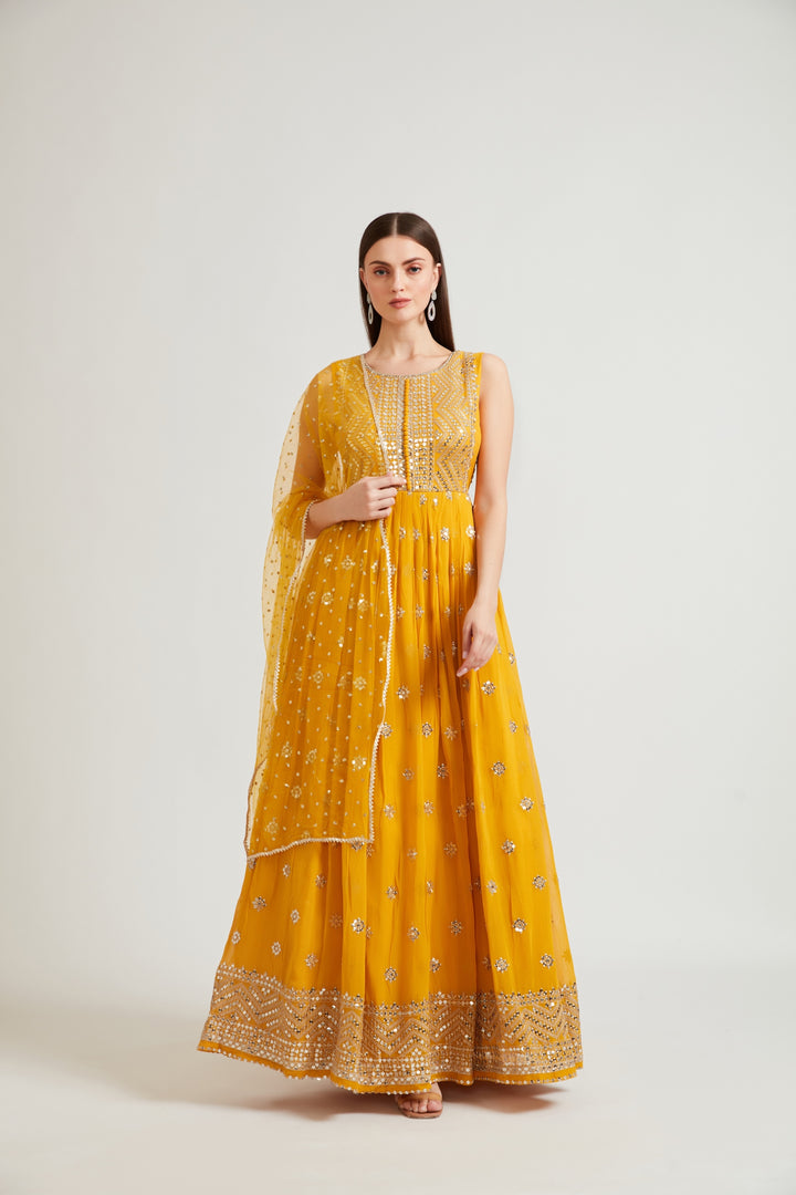 Neerus Mustard Color Embroidered Gown