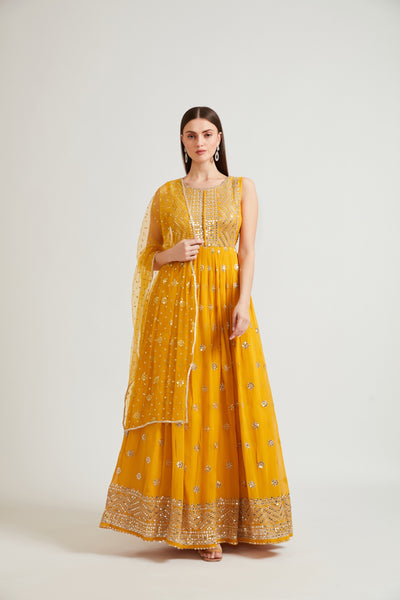 Neeru's Mustard Color Embroidered Gown