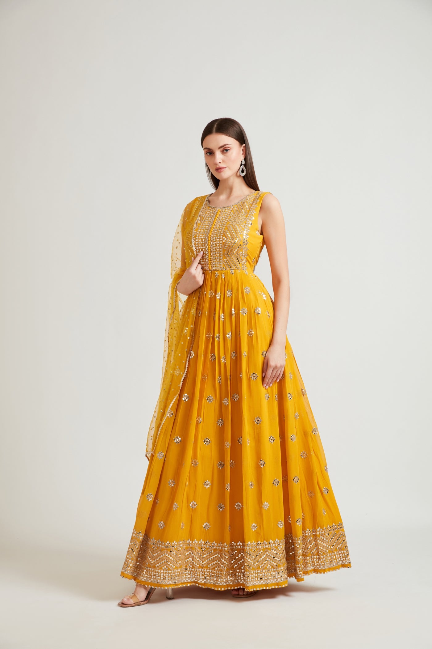 NEERU'S MUSTARD COLOR  EMBROIDERED GOWN