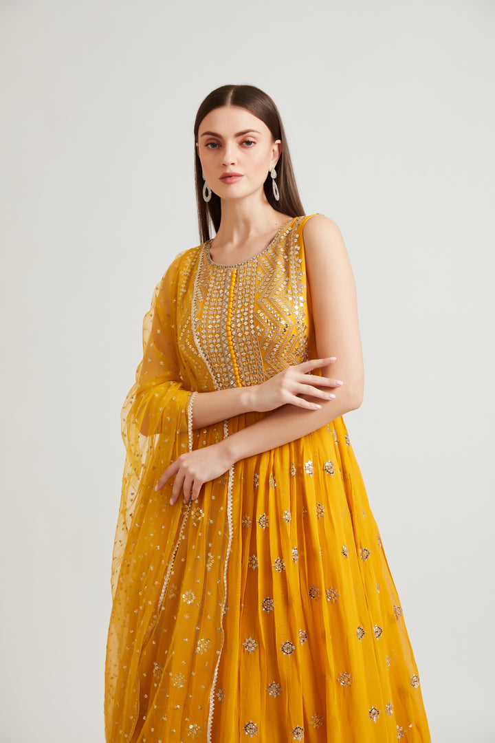 Neerus Mustard Color Embroidered Gown
