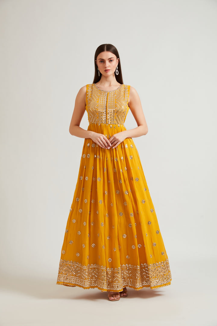 Neerus Mustard Color Embroidered Gown