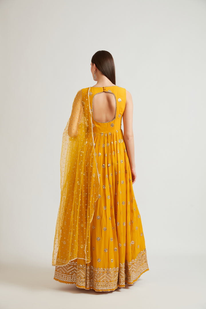 Neerus Mustard Color Embroidered Gown