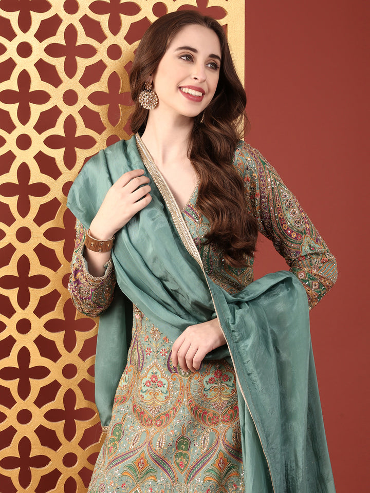 Sea Green Silk Zari Embroidered Anarkali Set